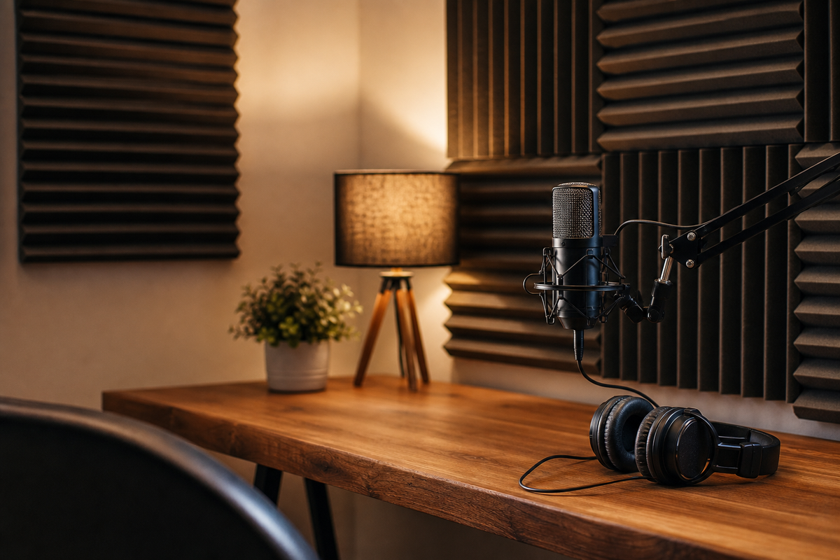 Microphone on a boom arm beside headphones on a desk.