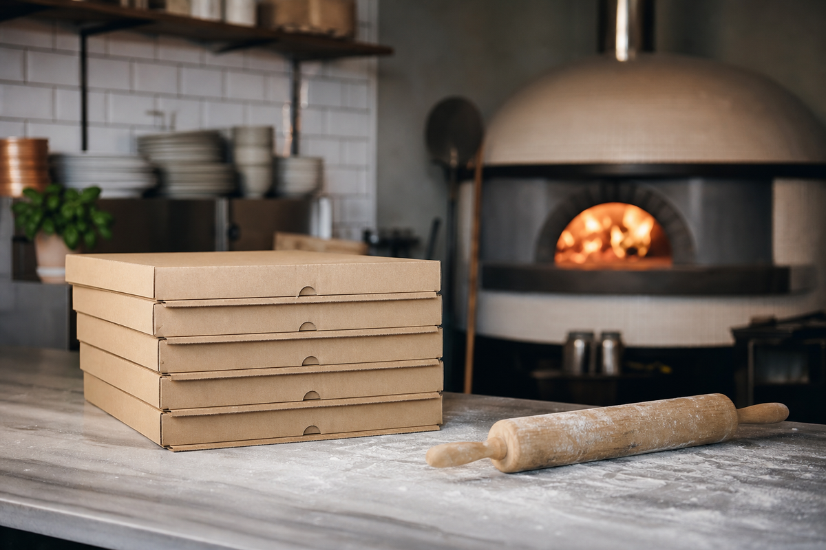 Pizza boxes stacked on a flour-dusted counter, oven light behind.