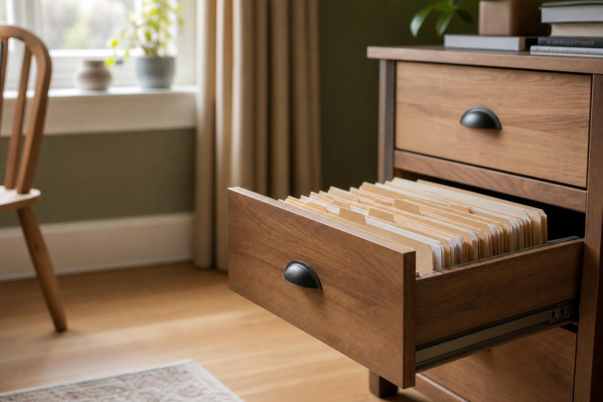 Open wooden filing cabinet drawer with blank folders inside.