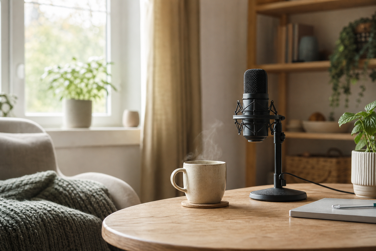 A microphone stand and a mug on a small desk by a window.