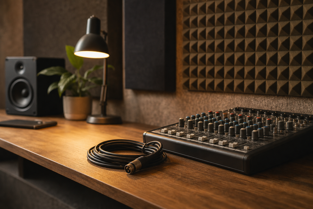 Coiled cable and mixing board on desk, foam panels behind.