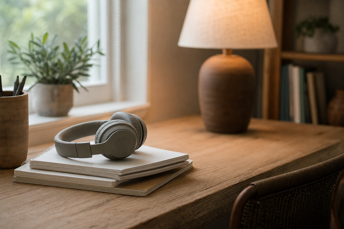 Headphones resting on a stack of blank notepads under lamp light