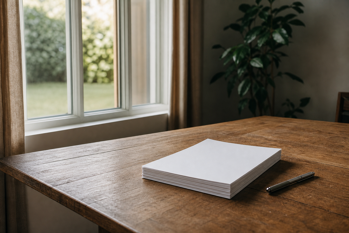 Blank paper forms and a pen on a wooden desk near a window.