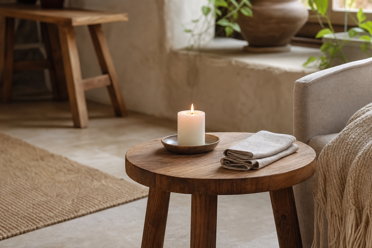 Lit candle and folded napkin on a studio side table
