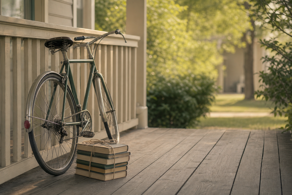 Bicycle and twine-tied textbooks on a porch