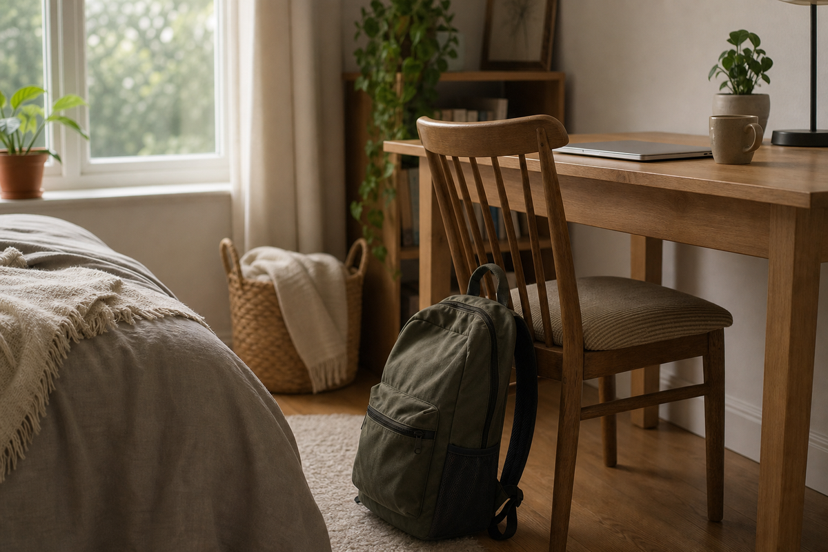 Backpack against desk chair beside closed laptop, window light