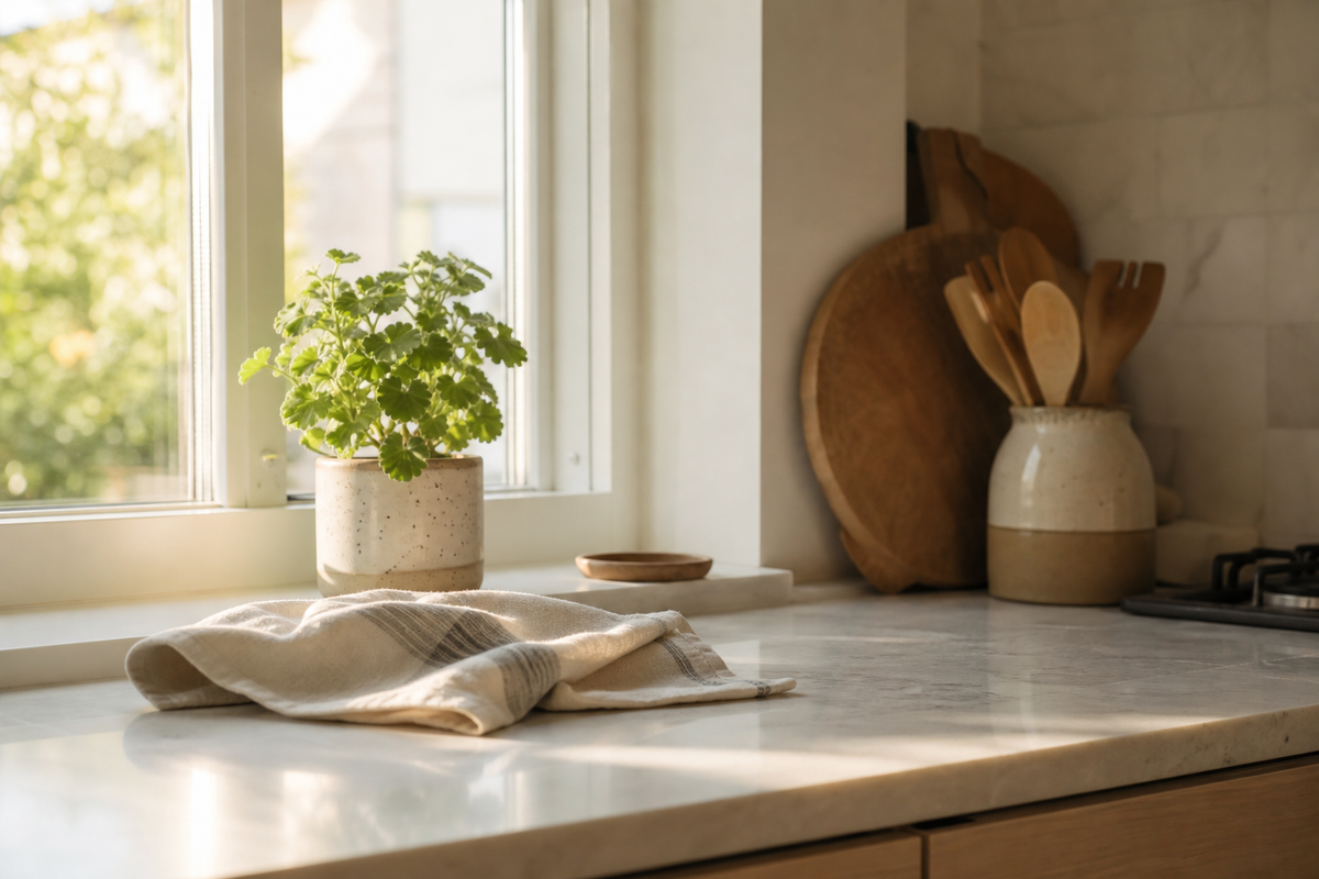 Potted plant and folded napkin on a sunlit windowsill.