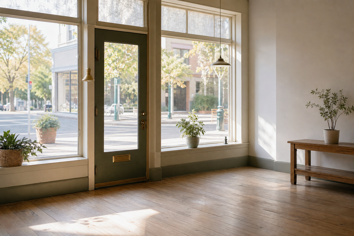 Empty storefront with large windows, wood floor, hanging door bell.