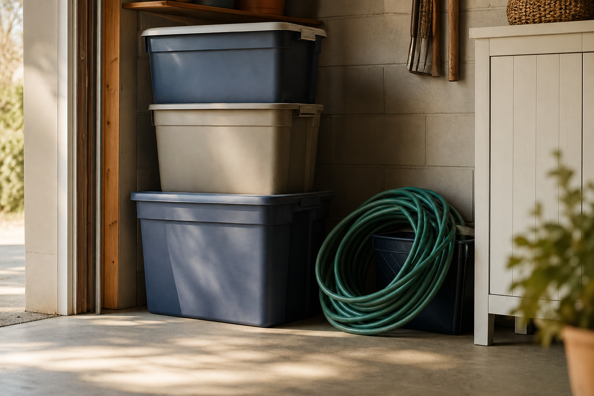 Stacked plastic bins and coiled hose in a garage corner.