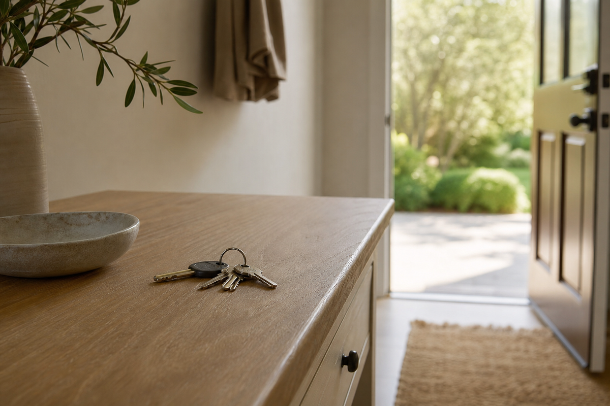 House keys and a small dish on a wooden entryway table.