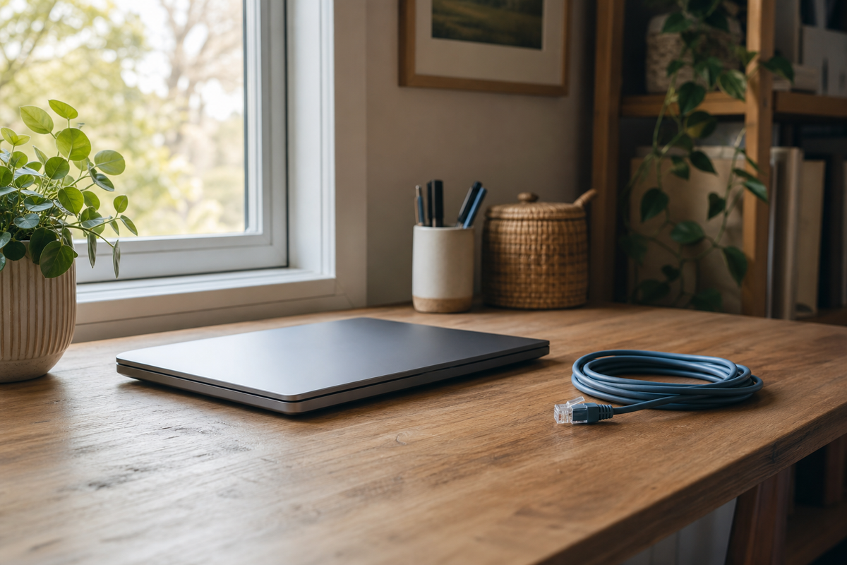 Closed laptop and coiled ethernet cable on a wooden desk.
