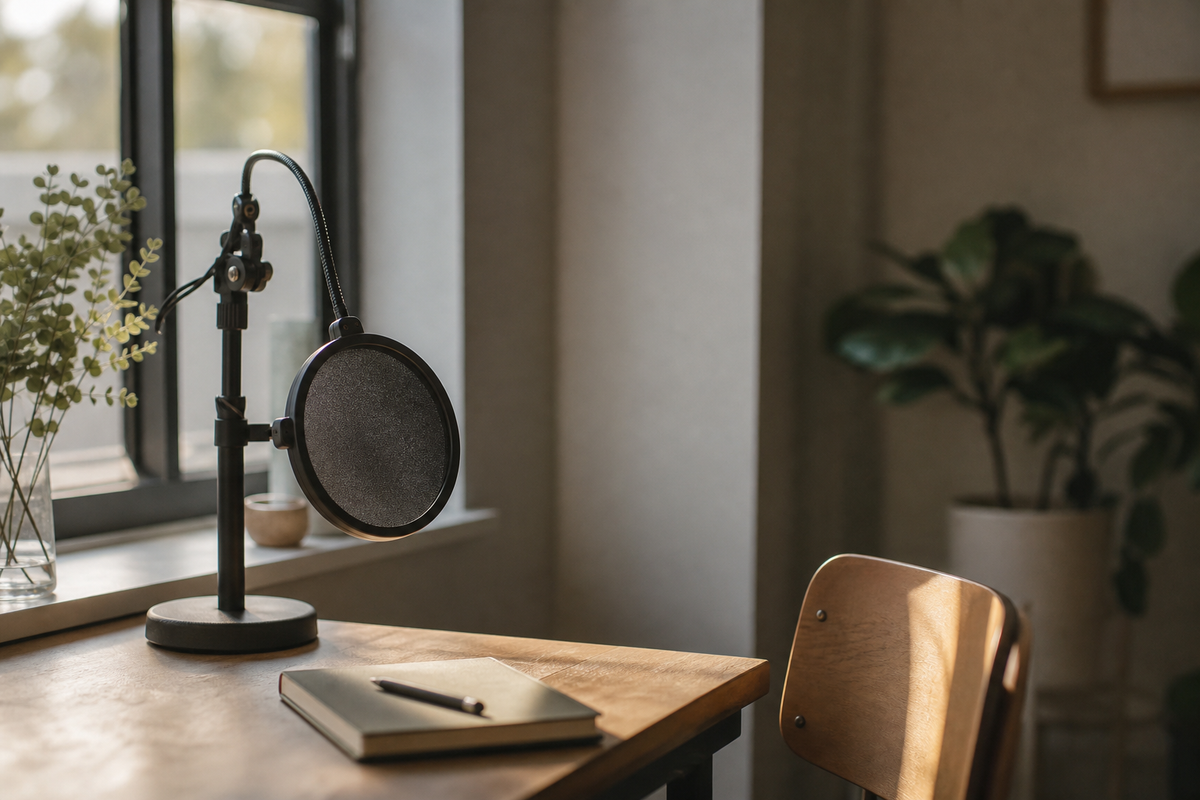 Pop filter on microphone stand near a sunlit window.