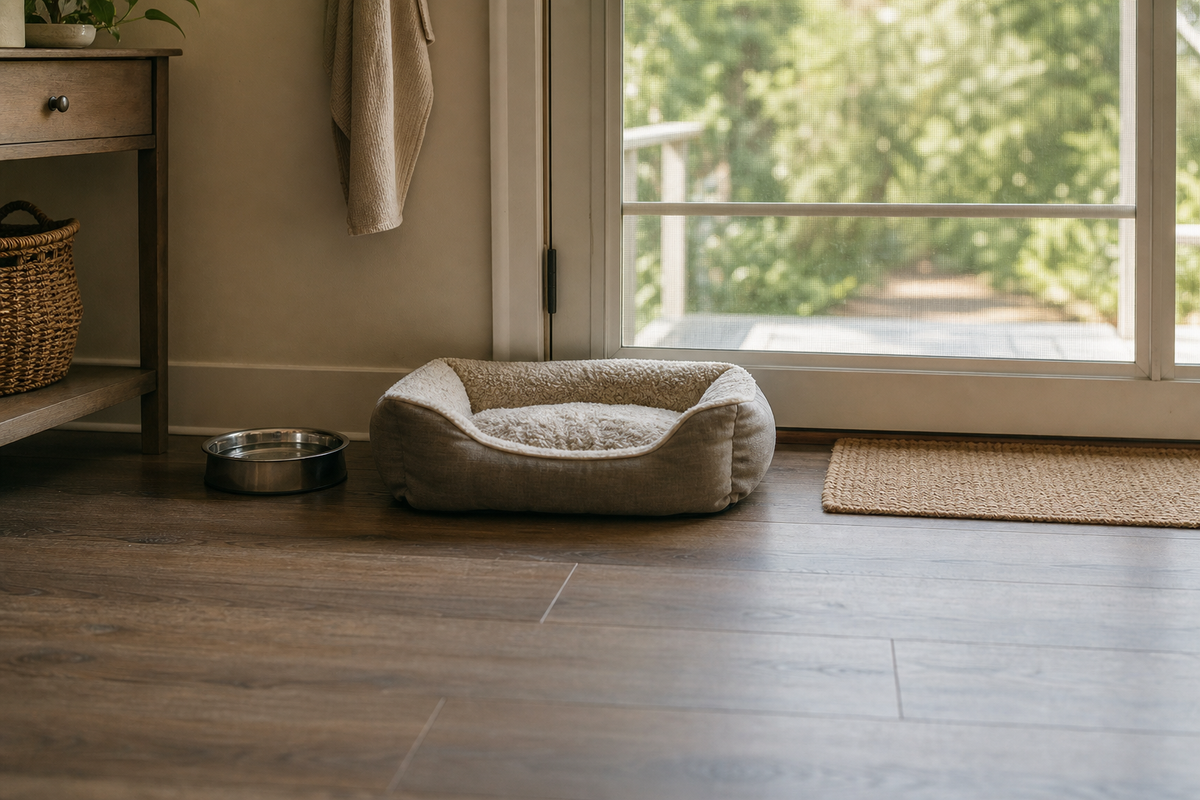 Pet bed and water bowl near a screened door.
