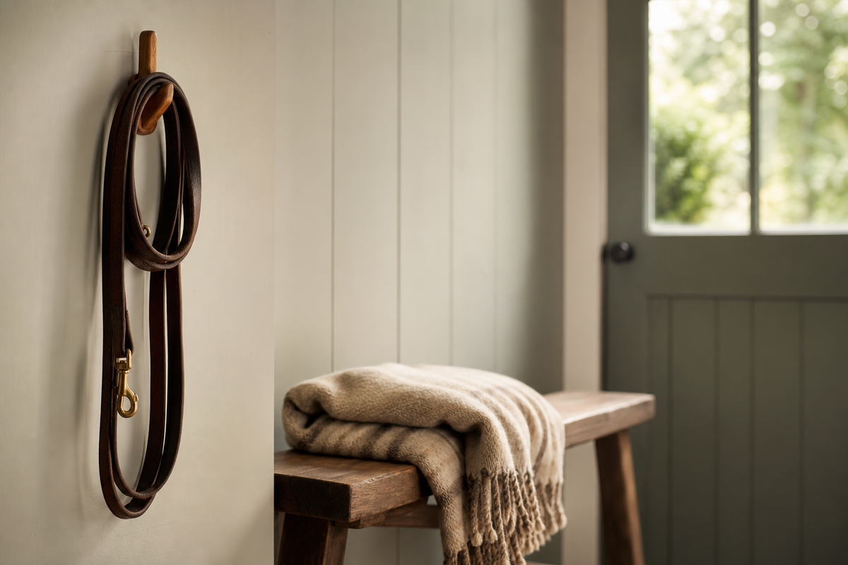 A coiled leash on a hook beside a folded blanket.