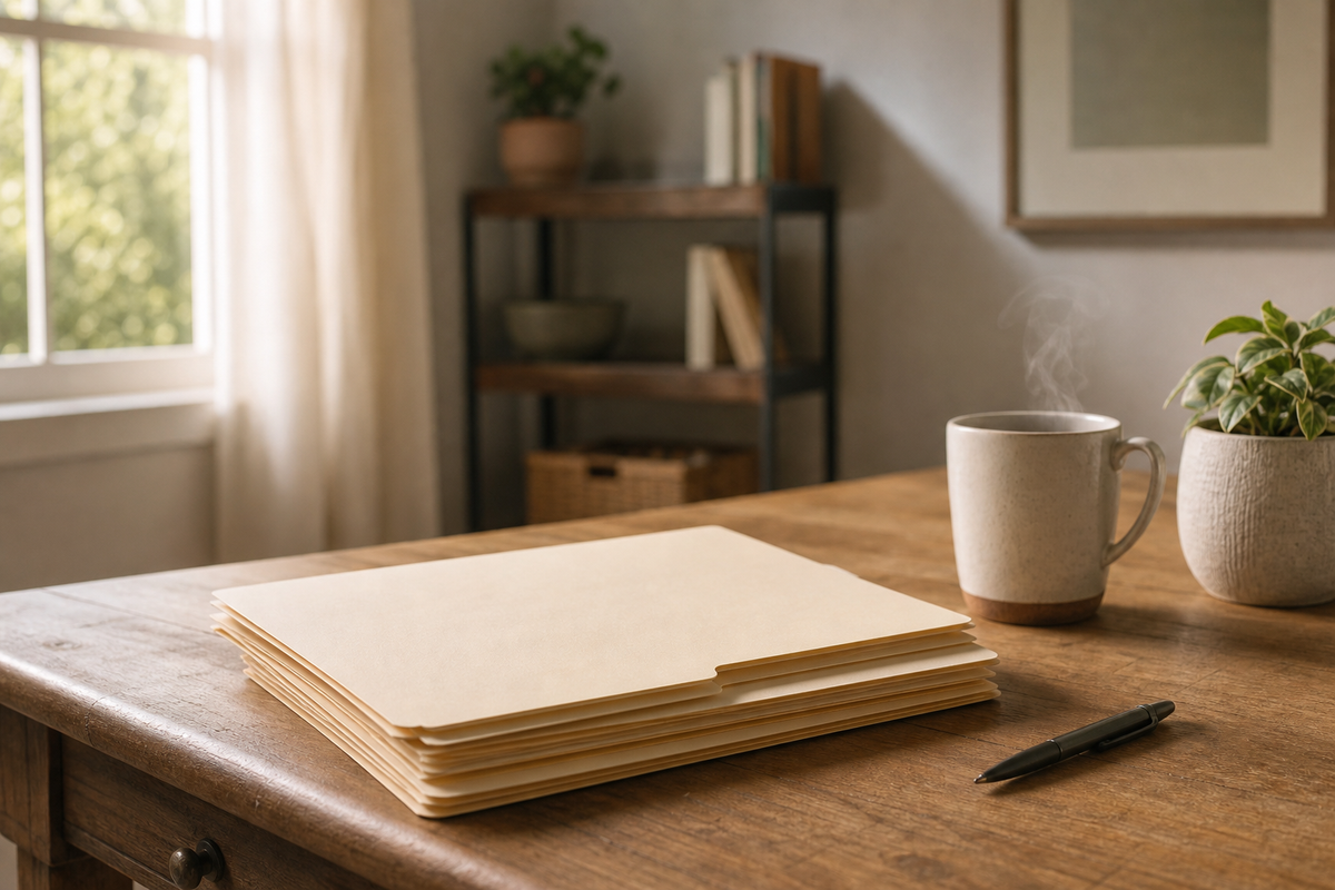 Desk with folders, pen, and mug in sunlight