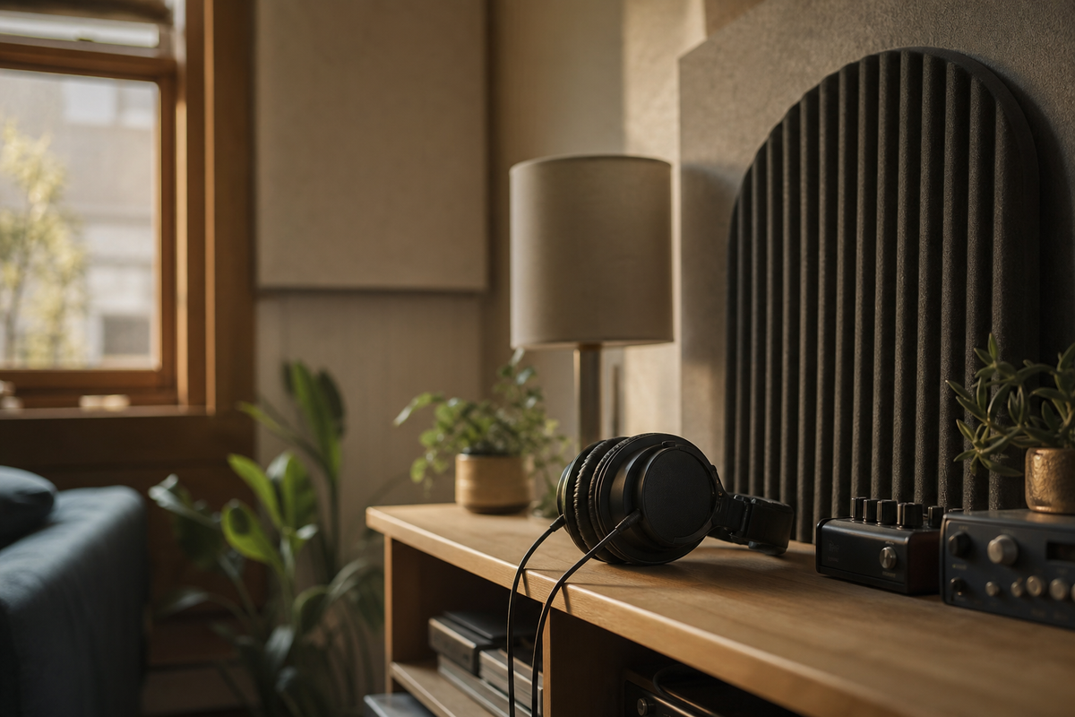 Headphones on a desk beside a wall foam panel.