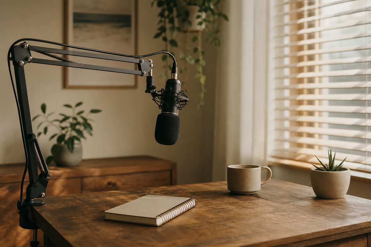 Microphone boom arm over desk beside closed notebook, blinds light.