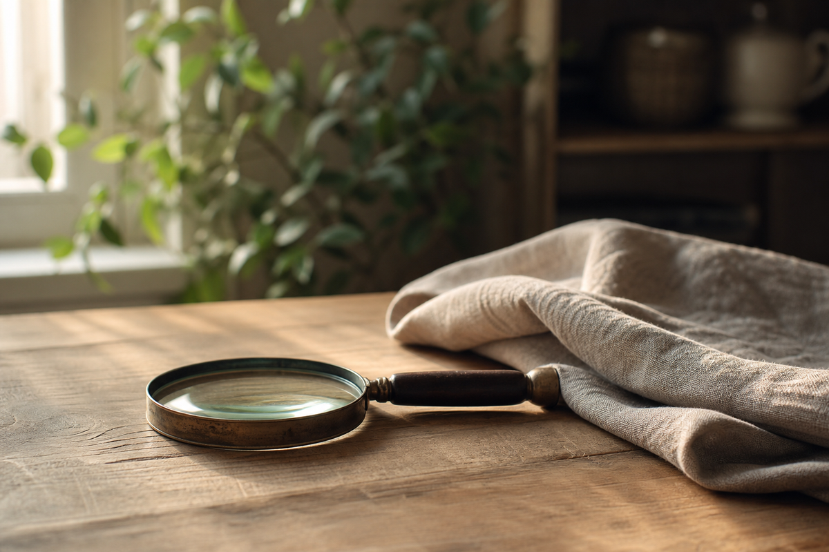 Magnifying glass and folded cloth on wooden table, sunlit.
