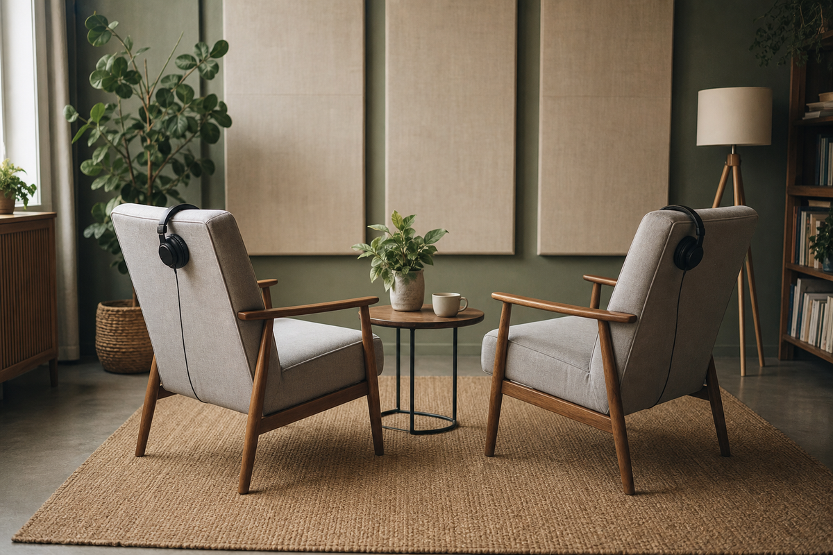 Two chairs with headphones facing each other near acoustic wall panels.
