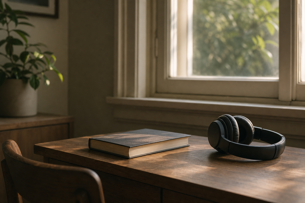 Closed textbook and headphones on desk near window.