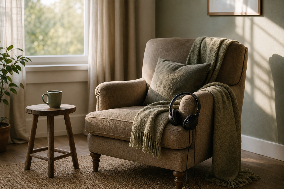 Armchair by window with headphones on armrest and a mug on a stool.