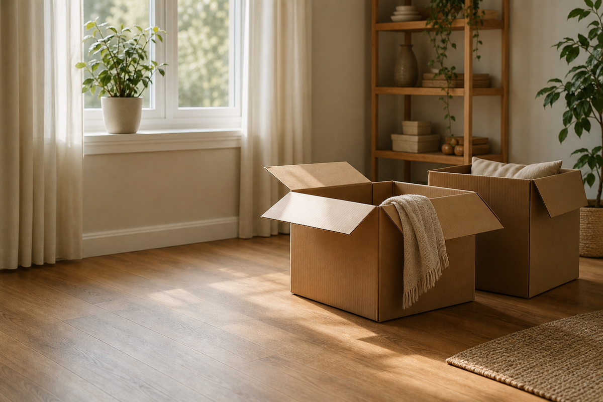 Cardboard boxes and potted plant near a sunny window.