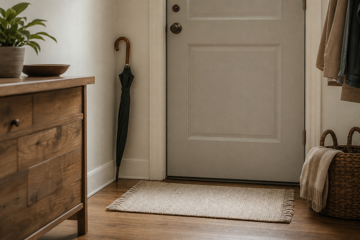 Apartment door with a small rug and umbrella in corner.