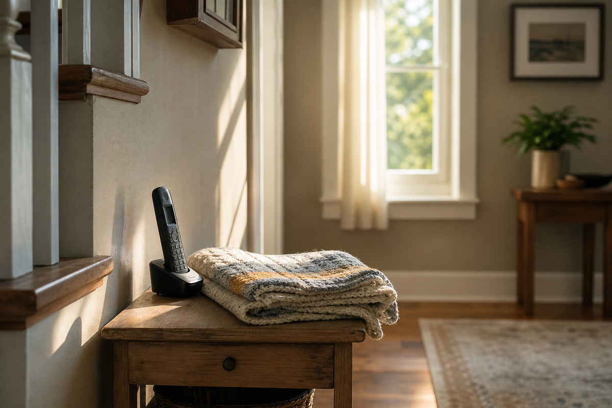 Cordless phone on hallway table beside folded blanket, sunlit window.