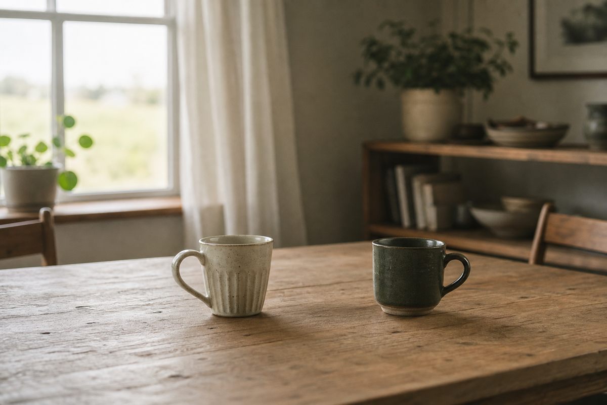 Two coffee mugs facing each other on a wooden table.