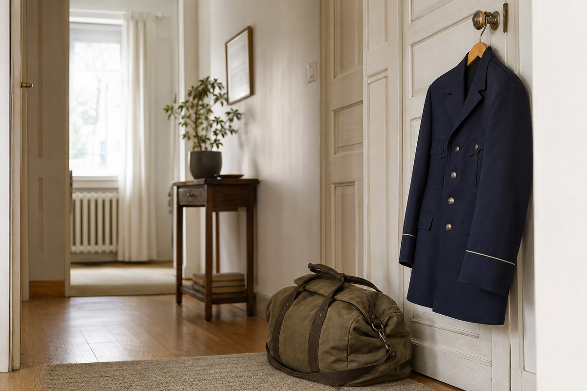 Uniform jacket on doorknob next to packed duffel bag in hallway.
