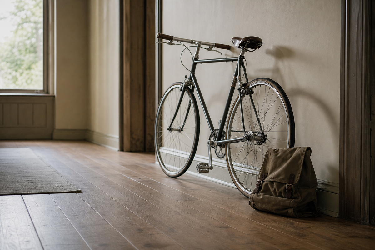 Bicycle and folded backpack in a sunlit hallway.