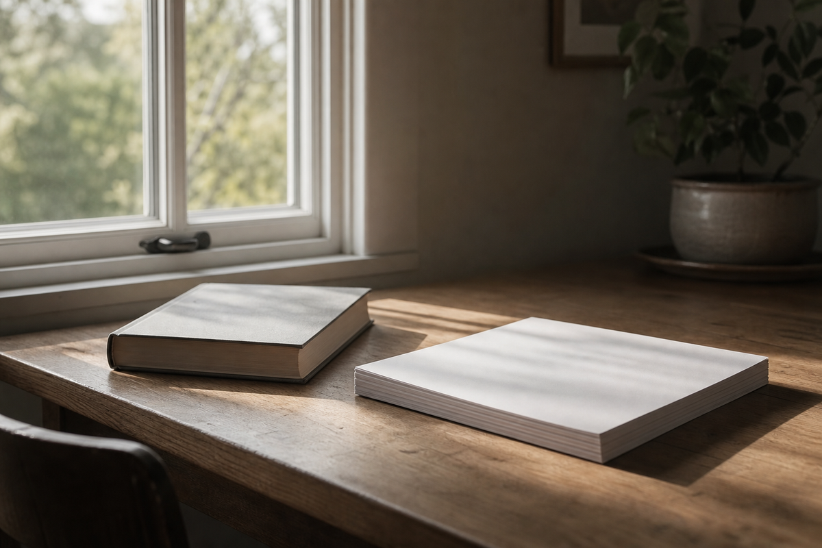 Closed textbook and blank paper on a desk near a window.
