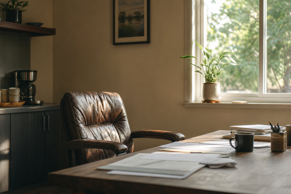 Empty office chair at a desk near a sunlit window.