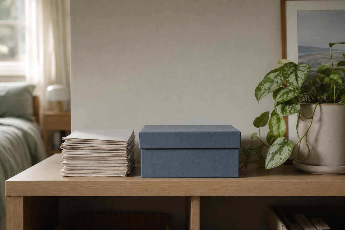 Stacked papers beside a closed shoebox on a shelf