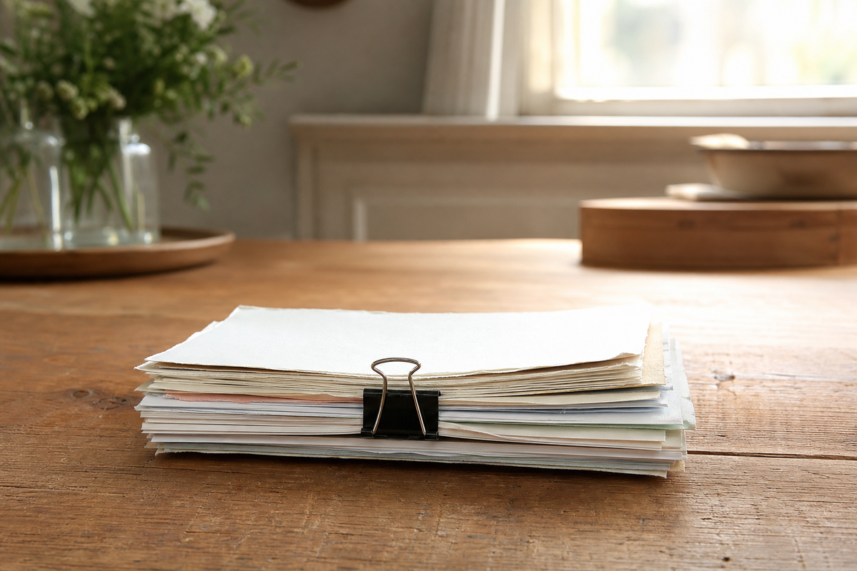 Several paper stacks bound by one binder clip on a table.
