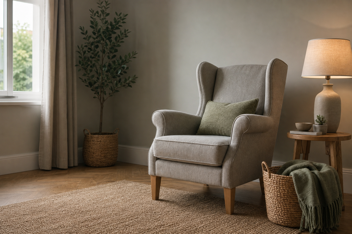 An armchair, lamp, and folded blanket in a living room corner.