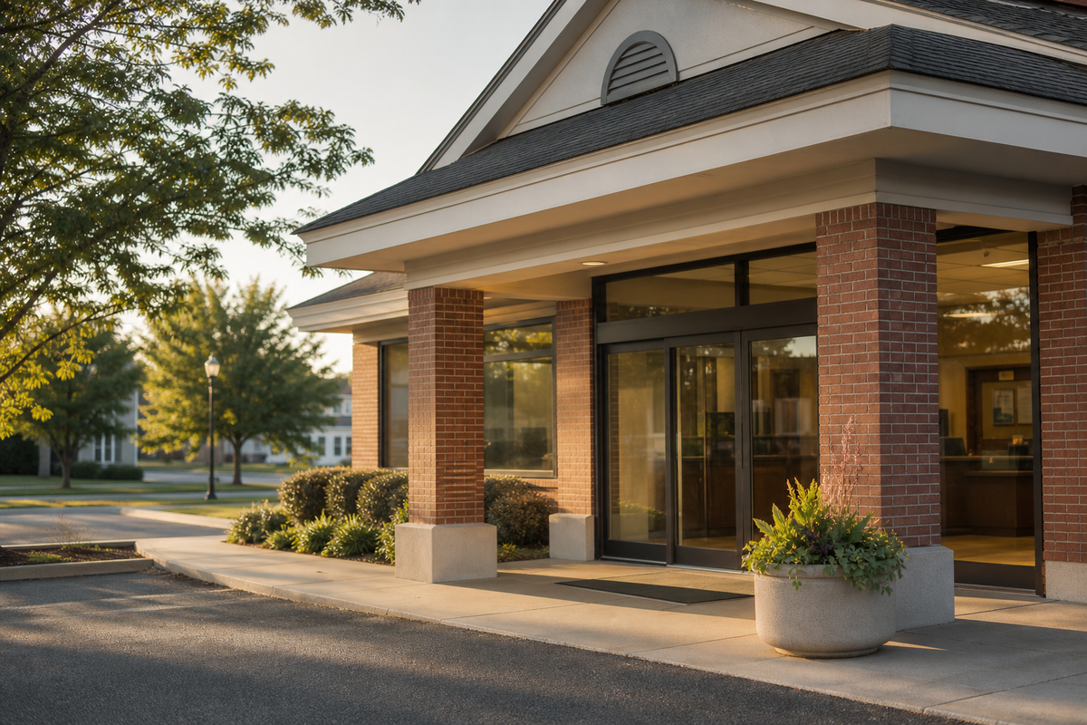 Empty bank branch entrance with brick columns and glass doors